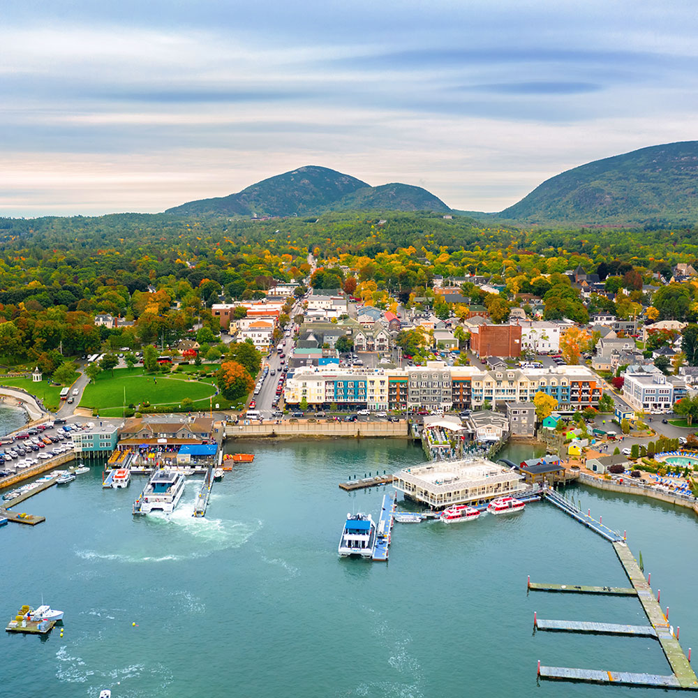 aerial of downtown Bar Harbor